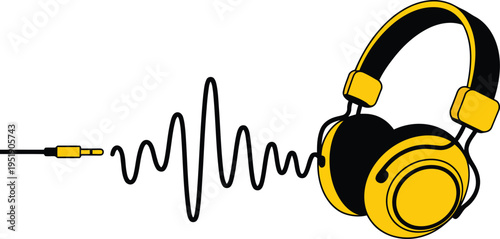 Contemporary yellow and black headphones featuring an audio jack and an energetic sound wave cable