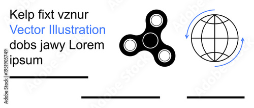 Global connectivity, networking, interaction, communication, play, education. A spinner toy and globe icon with curved arrows. Global connectivity and networking concept