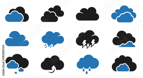 Collection of Weather Forecast Elements Various Cloud Shapes and Rainfall Concepts Dark and Blue Colors Suitable for Presentation UI Design or Application Development Easy to Use and Adapt