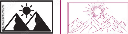 Dual landscape icons featuring stylized mountains and sun. Left side shows a bold black silhouette; right side features a detailed pink line-art illustration. Simple, clean vector design.