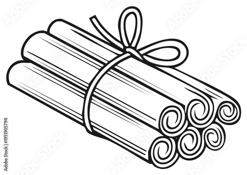 Bunch of cinnamon sticks tied with a ribbon and a bow in a simple line art illustration