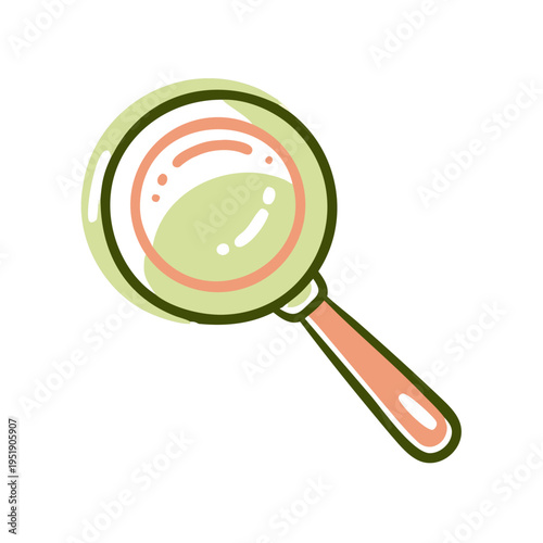 Cartoon magnifying glass with green frame and peach handle  