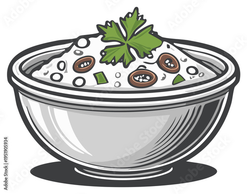 Bowl of Dip Topped with Green Parsley and Olives, Illustration of Traditional Dip