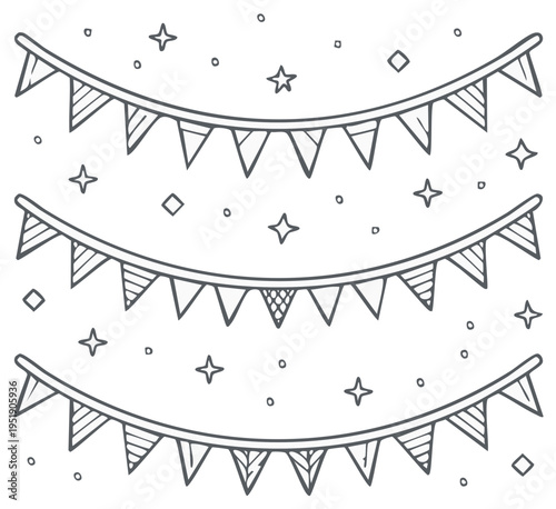 Outlined festive bunting and star elements illustration