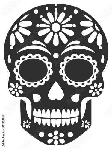 Black and white sugar skull graphic illustration decorated with flowers and patterns for Day of the Dead