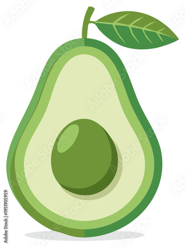 Fresh Green Avocado Halved with Seed and Leaf Vector Illustration