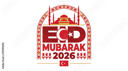 Eid Mubarak 2026 Vector Illustration with Turkish Mosque Silhouette, Isolated on White