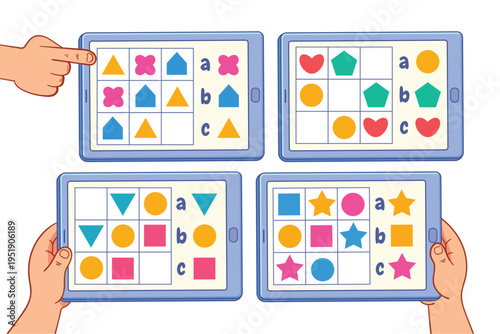 Kids shape sudoku puzzles on tablet screens. Fun educational logic game with colorful geometric shapes. Learning activity worksheet for preschool and kindergarten children to develop thinking skills.