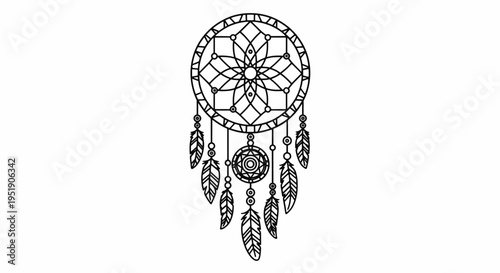 Detailed spiritual line art featuring a dreamcatcher with intricate web design feathers and beadwork symbolizing protection and good dreams perfect for decoration and cultural themes This