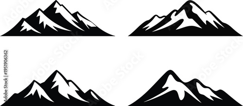 Four distinct black mountain range silhouettes with white snow caps on a clean white background