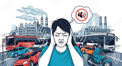Woman covering ears from loud city noise pollution and traffic sounds.