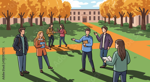 group of young adults standing on a college campus quad