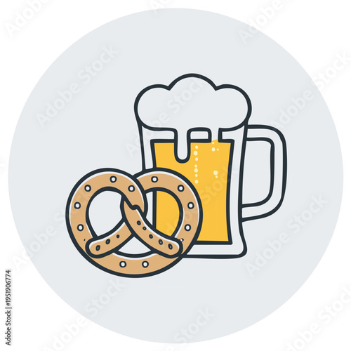 Illustration of a pretzel and a frothy beer mug with a light gray circular background