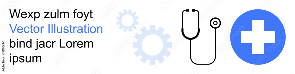 Obraz premium Healthcare, technology integration, medical diagnostics, industry development, wellness services, hospital branding. Stethoscope, gears and cross symbol. Healthcare and technology integration