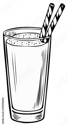 Refreshing beverage in a glass with straws monochrome line art illustration
