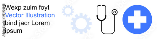 Healthcare, technology integration, medical diagnostics, industry development, wellness services, hospital branding. Stethoscope, gears and cross symbol. Healthcare and technology integration