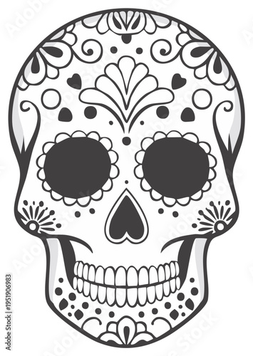 Decorative Black and White Sugar Skull Illustration with Floral and Heart Motifs