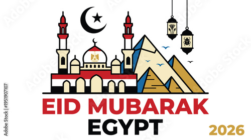 Eid Mubarak Egypt 2026 Greeting Card with Mosque, Pyramids, and Lanterns Flat Vector Illustration