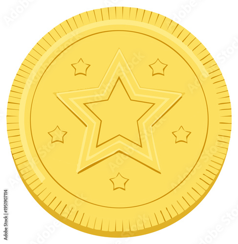 Cartoon gold coin with five stars graphic illustration, game prize symbol.