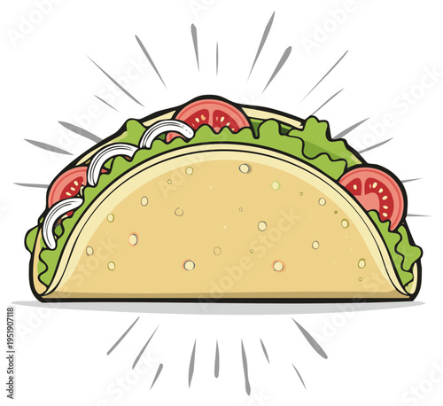 Freshly prepared taco bursting with lettuce tomato and onion a vibrant and appealing food illustration