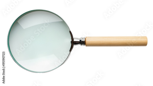 Fotografia Classic magnifying glass with a clear lens and natural wooden handle, isolated P