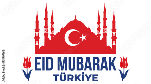 Eid Mubarak Trkiye Greeting Vector Illustration with Red Mosque Silhouette and Turkish Flag Isolated on White