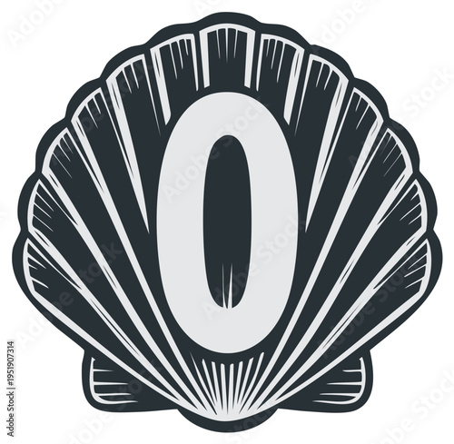 Stylized number zero numeral inside a graphic scallop seashell illustration
