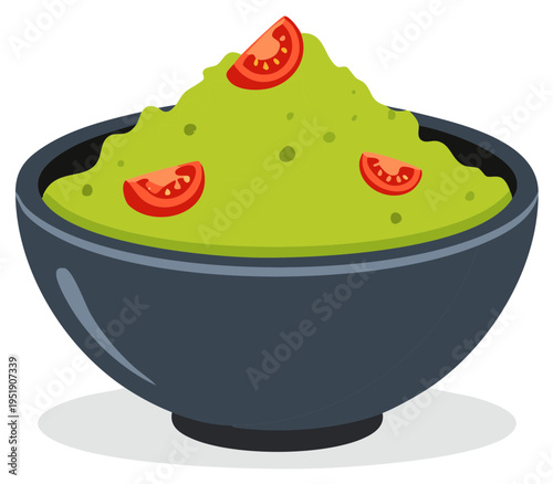 Illustration of a bowl of guacamole with tomato slices, healthy food