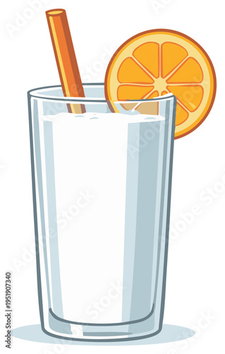 Refreshing beverage in tall glass with orange slice and straw, vector illustration
