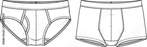 Technical CAD fashion flat vector illustration of men's underwear set featuring classic briefs and boxer briefs with contoured pouch details.