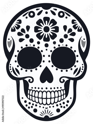 Intricate Black and White Sugar Skull Design with Floral Patterns and Swirls