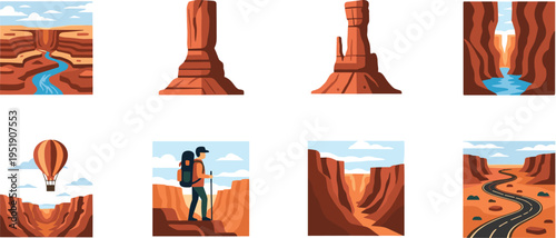 Canyon travel icons set. Flat cartoon desert scenes with rock formations, river, road, hiker and hot air balloon. Adventure landscape collection in vector style.
