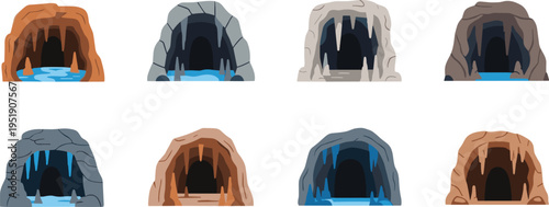 Cave and grotto icons set. Flat cartoon rock caves with water, stalactites and underground openings. Nature geology collection in simple vector style.