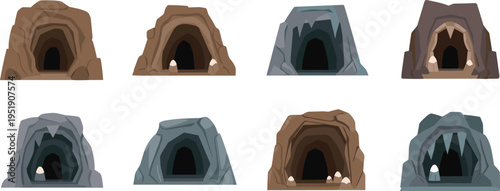Cave entrance icons set. Flat cartoon rock caves with dark openings, stones and underground details. Nature geology collection in simple vector style.