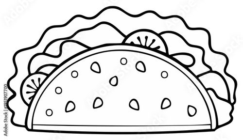 Black and white taco illustration for coloring page or food themed designs