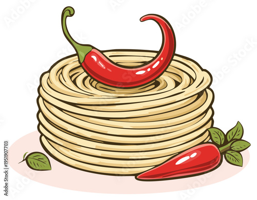 Spicy Noodles with Red Chili Peppers and Basil Leaves