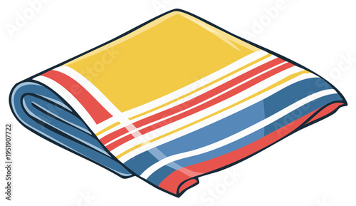 Folded Striped Fabric Napkin Illustration: Yellow Red Blue Cloth Napery Square Handkerchief