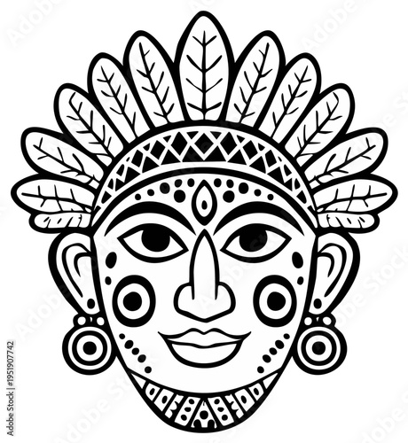 Intricate Tribal Mask Illustration with Feather Headdress and Decorative Patterns