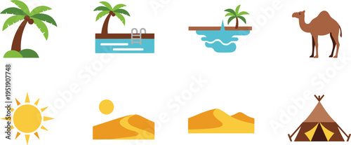 Desert oasis icons set. Flat cartoon elements with palm trees, water pool, camel, dunes, sun and tent. Arid landscape collection in vector style.