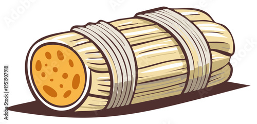 Illustrated tamale food item with husk and string detail. Traditional corn-based food concept.