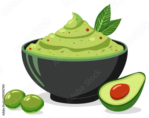 Cartoon Guacamole Dip in Bowl with Avocado halves and Olives Illustration