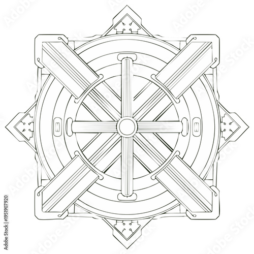 Intricate eight pointed star shape object with circular elements and ornate geometric details