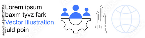 Business teamwork, global expansion, innovation, productivity, corporate growth, partnerships. Icon of people on a gear with upward arrows and a globe. Business teamwork and global expansion concept