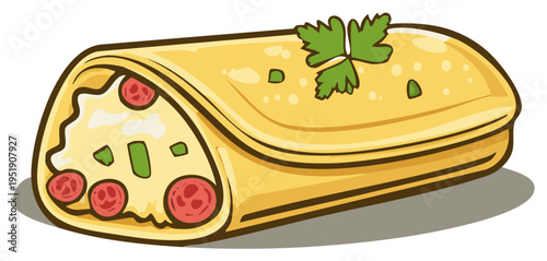 Cartoon Burrito with Meat and Vegetables Topped with Parsley Delicious Mexican Food