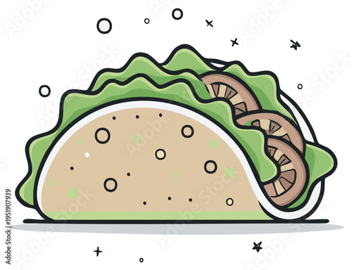 Cartoon style illustration of a taco with lettuce, tomatoes and a tortilla wrap