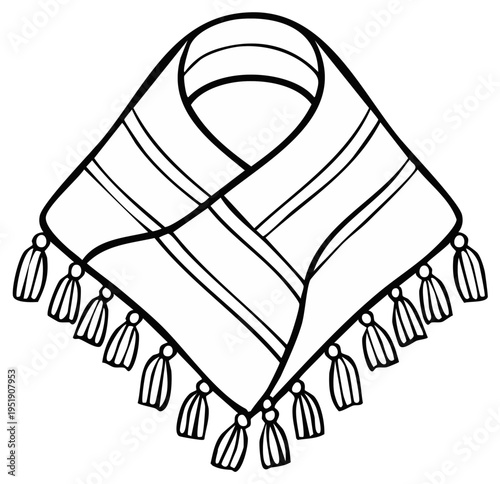 Hand Drawn Sketch of a Colorful Striped Scarf with Tassels Bordering the Edges