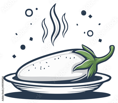 Steaming Eggplant Vegetable Dish Cartoon Illustration for Cuisine Design