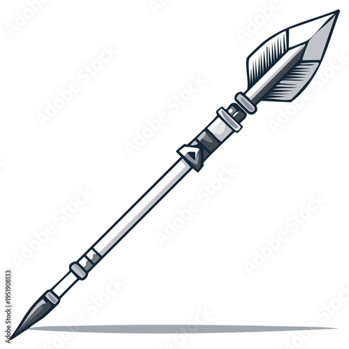 Single Gray Medieval Spear with Pointed End and Decorative Bands Isolated on White
