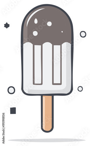 Delicious chocolate dipped vanilla ice cream bar on a stick with cartoon style doodles
