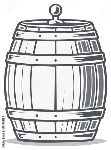 Monochrome Illustration of an Old Wooden Barrel with Metal Hoops for Storage and Aging Drinks
